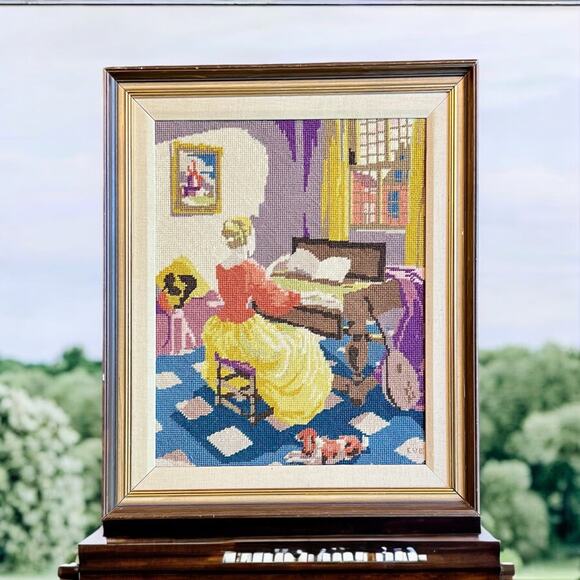 Vintage Needlepoint-Woman at Piano-Framed-Penelope Dutch-Music Room-Victorian - Picture 7 of 7